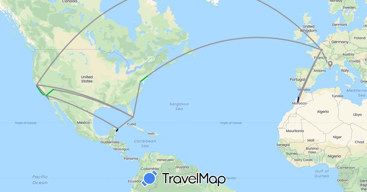 TravelMap itinerary: driving, bus, plane in France, Morocco, Mexico, United States (Africa, Europe, North America)